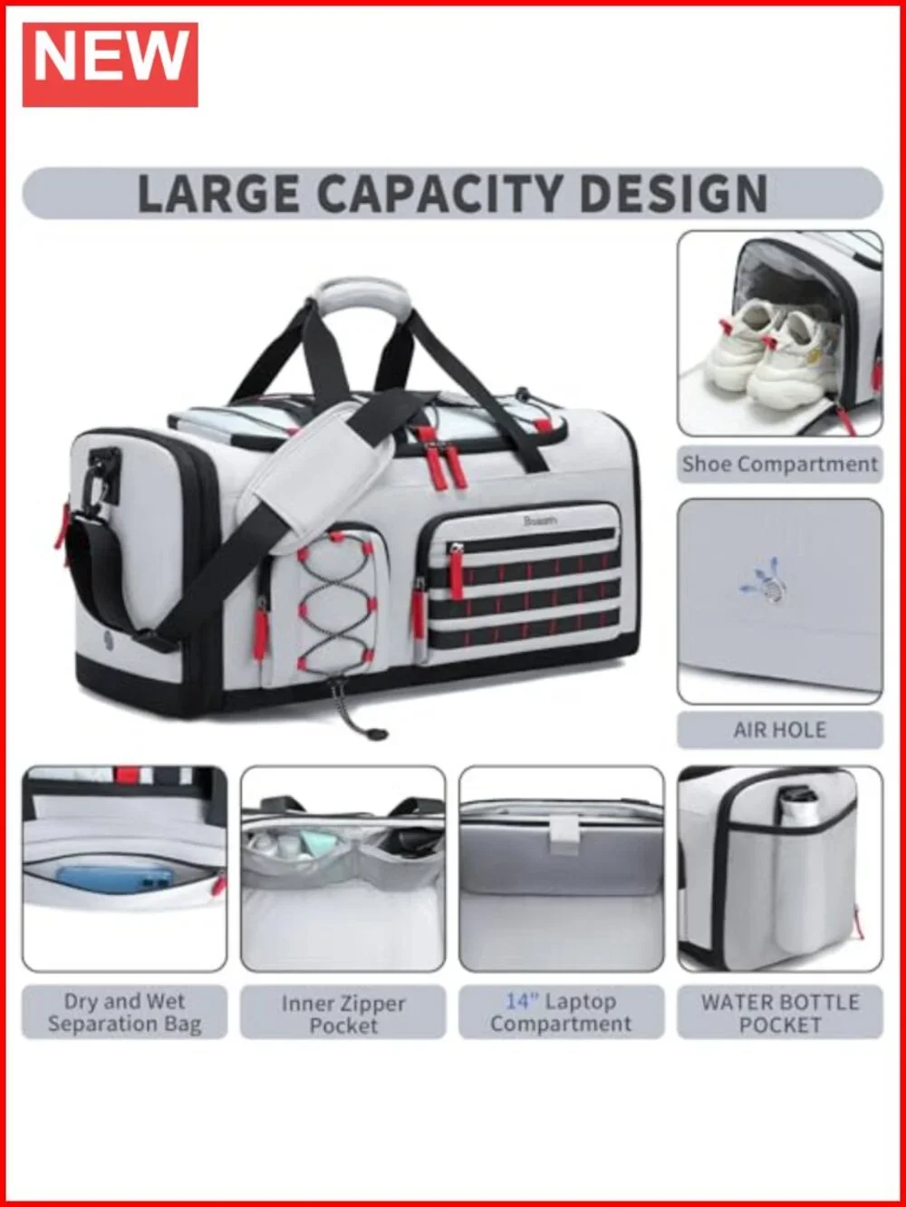 45L Expandable Travel Duffle Gym Bag with Shoe Compartment